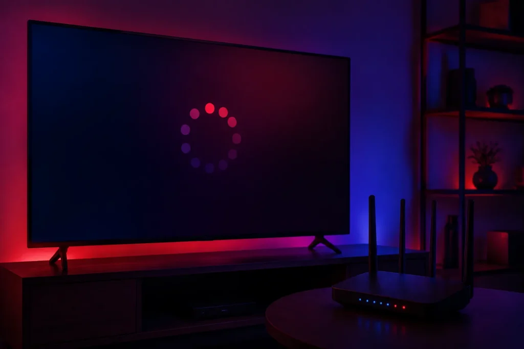 Pantalla de televisión con indicador de carga y router
