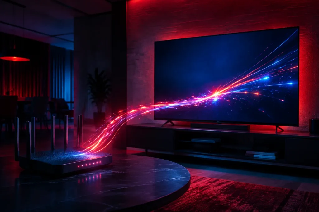 Televisor conectado a un router mediante una transmisión IPTV